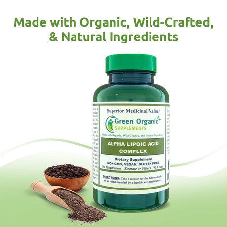 Green Organic Supplements' Alpha Lipoic Acid Complex, ALA , 90 Vcaps Alpha Lipoic Acid Capsules (Single)