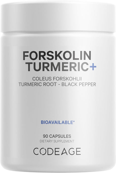 Codeage Forskolin, Pure Forskolin Coleus + Organic Turmeric Root Powder, 95% Curcuminoids + Bioperine Black Pepper for Absorption - 20% Standardized Coleus Forskohlii, Non-Gmo, 90 Capsules