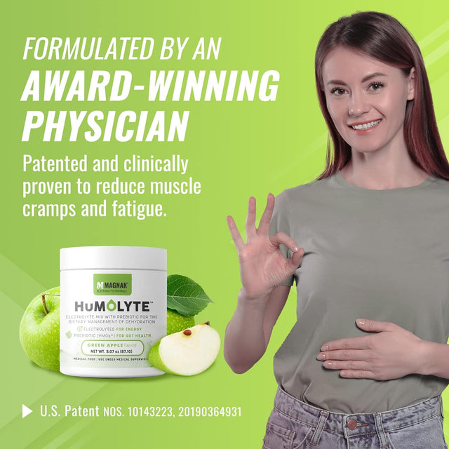 Humolyte Electrolytes Powder Mix, Improves Gut Health and Helps with Dehydration, Prebiotic for Women and Men, Gluten-Free Electrolyte Drink Formulated with HMO, Green Apple Flavor, 3.07 Oz