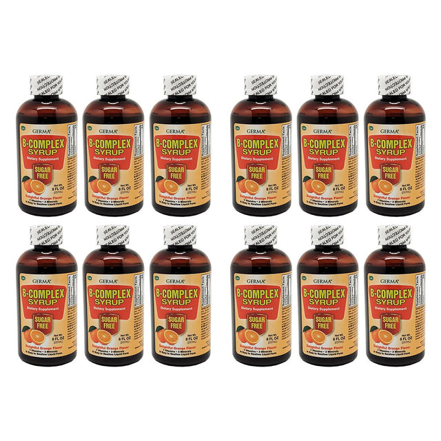 Germa B-Complex Syrup. Dietary Supplement. Bone Health, Growth and Development Aid. Sugar Free. Orange Flavor. 8 Oz. Pack of 12