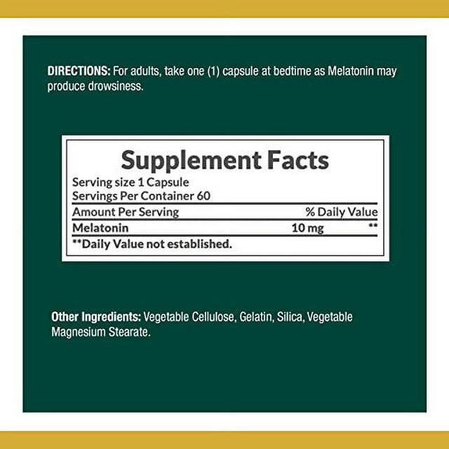 Nature'S Bounty Melatonin, 100% Drug Free Sleep Aid, Dietary Supplement, Promotes Relaxation and Sleep Health, 10Mg, Green, 60 Count