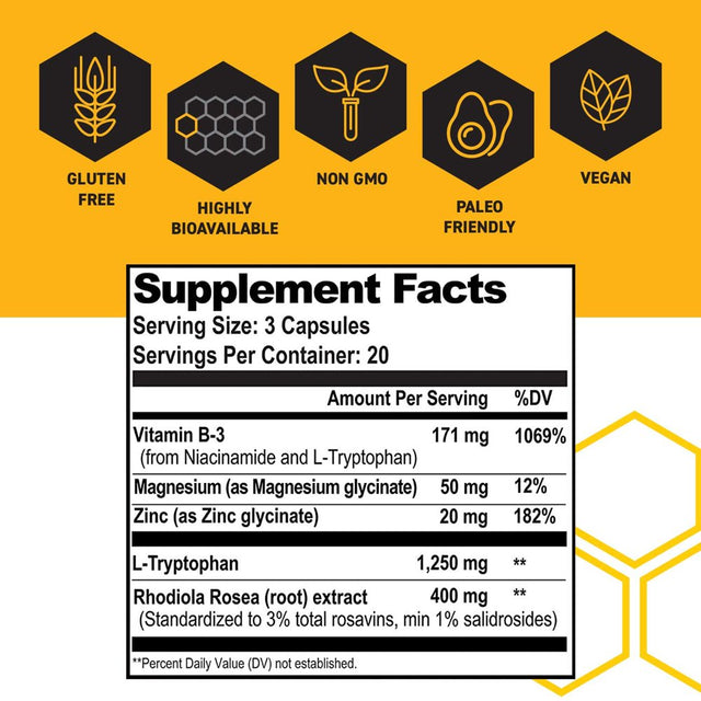 NATURAL STACKS Serotonin Brain Food W/ L-Tryptophan & Rhodiola Rosea - Mood Support Supplement - Promotes Positive Mood, Calmness, Stress Relief - Happy Mood & Brain Support Supplement - 60 Capsules