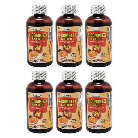 Germa B-Complex Syrup. Dietary Supplement. Bone Health, Growth and Development Aid. Sugar Free. Orange Flavor. 8 Oz. Pack of 6