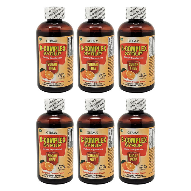 Germa B-Complex Syrup. Dietary Supplement. Bone Health, Growth and Development Aid. Sugar Free. Orange Flavor. 8 Oz. Pack of 6