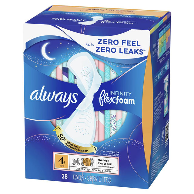 Always Infinity Feminine Pads with Wings, Size 4, Overnight Absorbency, Unscented, 38 Ct
