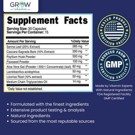 Grow Vitamin Fast Acting Colon Cleanse Formula, Supports Healthy Bowel Movements & Weight Loss, Natural Laxatives for Constipation Relief & Bloating Support, Detox Pills to Detoxify