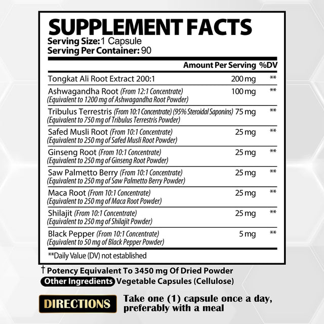 Satoomi Natural Tongkat Ali Root Extract 200:1 - 9 Essential Herbs Equivalent to 3450Mg - Support Strength, Energy and Healthy Immune - 1 Pack 90 Vegan Caps 3 Month Supply