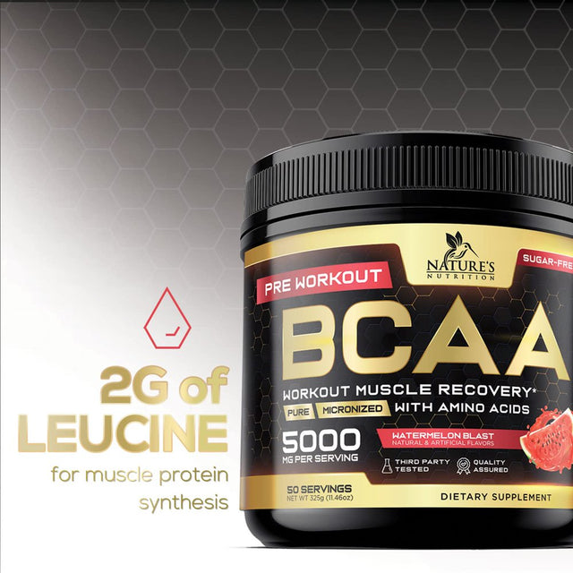 BCAA Powder - Post Workout Muscle Recovery Support Supplement, Pre Workout Energy 2:1:1 with Essential Amino Acids, Keto, Sugar-Free, 4G Bcaas plus 1G Glutamine per Serving, Watermelon - 50 Servings