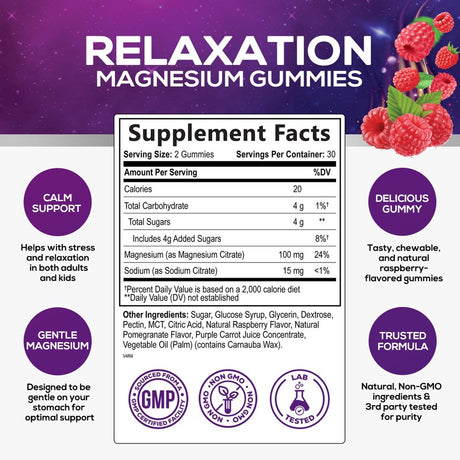 Magnesium Citrate Gummies - Magnesium Supplement for Adults & Kids - Supports Calm Magnesium Gummy Dietary Supplements for Muscle, Nerve, Bone & Heart Support - 60 Non-Gmo Raspberry Magnesium Gummies