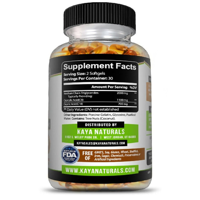 Kaya Naturals 3X 60Ct Pure MCT Oil 2000Mg, C8 C10 Weight Loss, Energy, Inflammation Capsules
