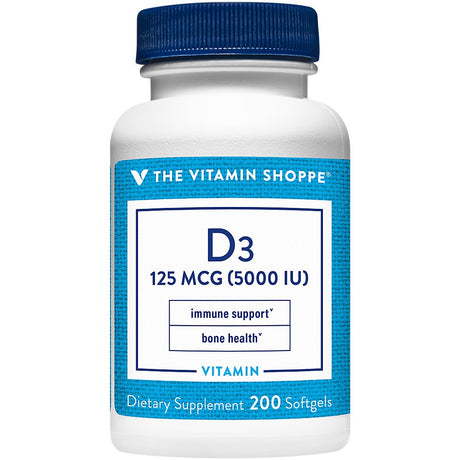 Vitamin D3 5000IU Softgel, Supports Bone & Immune Health, Aids in Cellular Growth & Calcium Absorption, Gluten Free & Once Daily Formula (200 Softgels) by the Vitamin Shoppe