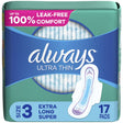 Always Ultra Thin Pads with Wings, Size 3, Extra Long Super Absorbency, 17 CT