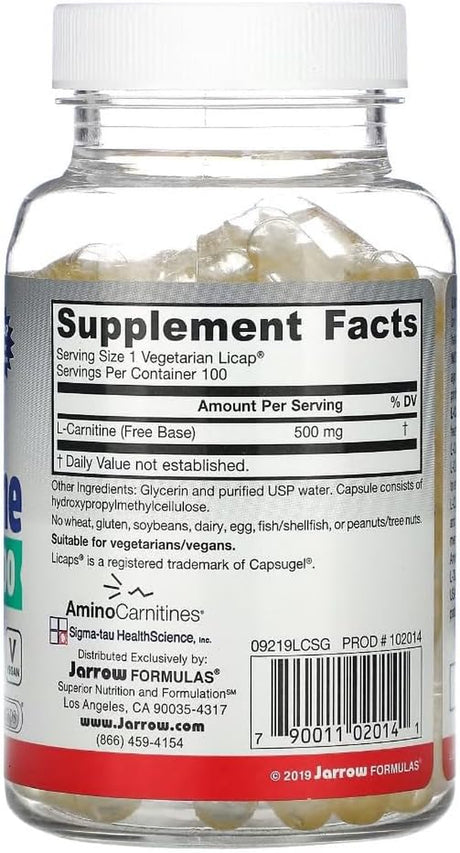 Jarrow Formulas L-Carnitine 500 Mg - 100 Veggie Licaps, Pack of 2