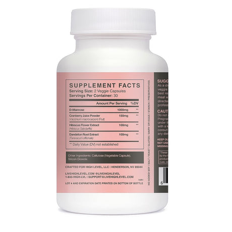 High Level D-Mannose - Ultra Premium Urinary Tract UT Cleanse and Bladder Health with Cranberry Juice, Hibiscus Flower and Dandelion Root Extract - Detoxify, Clear Impurities, Purify An