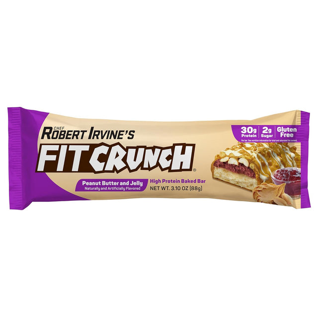 FITCRUNCH Full Size Protein Bars, Designed by Robert Irvine, 6-Layer Baked Bar, 2G of Sugar, Gluten Free & Soft Cake Core (12 Bars, Peanut Butter and Jelly)