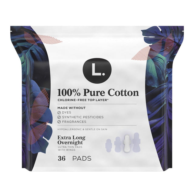 L. Ultra Thin Pads, Overnight Absorbency, 36 Ct, 100% Pure Cotton Top Layer