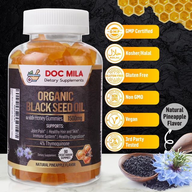 Doc Mila Organic Black Seed Oil Gummies 1500Mg - 4% Thymoquinone, Pineapple Flavor - Gluten Free, Vegetarian Capsules, Soy Free & Non-Gmo - 90 Gummies
