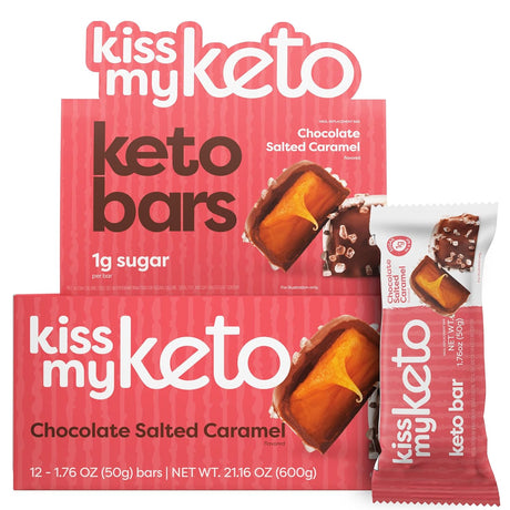 Kiss My Keto Salted Caramel Protein Bars – 1G Sugar, 9G Protein Keto Chocolate Bars – Low Carb Chocolate Bars – 12 Individually Wrapped Bars, Gluten Free Chocolate MCT Bars – Low Carb Candy Bars