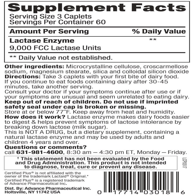Lactase Enzyme 180 Caplets Generic Lactaid Original Strength
