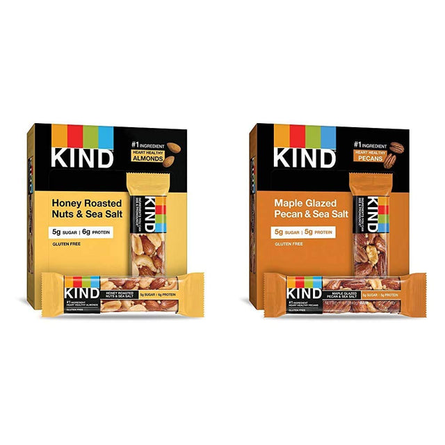 KIND Bars, Honey Roasted Nuts & Sea Salt, Gluten Free, Low Sugar, 1.4Oz, 12 Count & Bars, Maple Glazed Pecan & Sea Salt, Gluten Free, Low Sugar, 1.4Oz, 12 Count