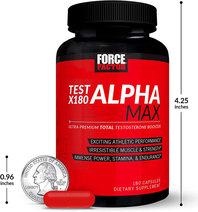 FORCE FACTOR Test X180 Alpha Max Total Testosterone and Nitric Oxide Booster for Men with Fenugreek Seed and Tribulus to Increase Blood Flow and Improve Male Athletic Performance, 180 Capsules