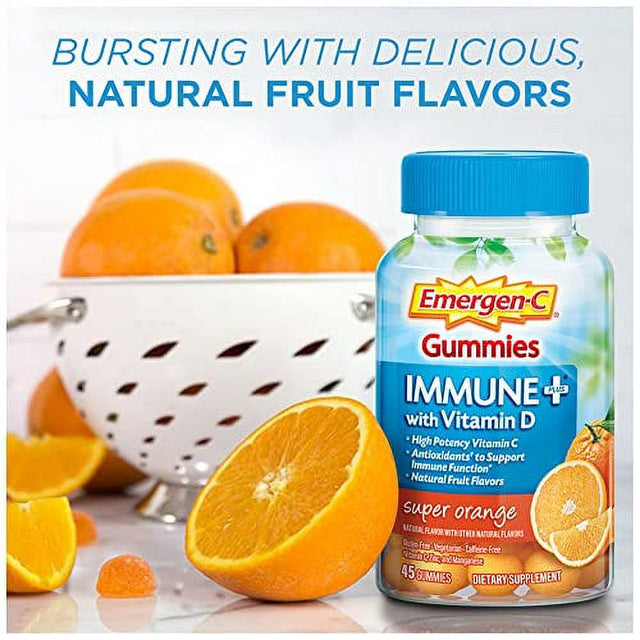 Emergen-C Immune+ Immune Gummies, Vitamin D plus 750 Mg Vitamin C, Immune Support Dietary Supplement, Caffeine Free, Gluten Free, Super Orange Flavor - 45 Count