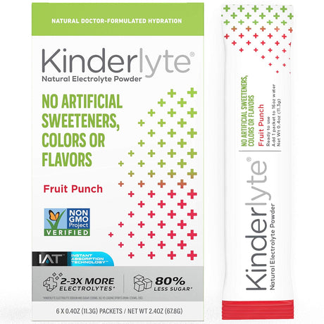 Kinderlyte Original Electrolyte Powder | Natural, 2-3X More Electrolytes, 80% Less Sugar | No Artificial Sweeteners, Colors or Flavors (Fruit Punch, 6 Count)