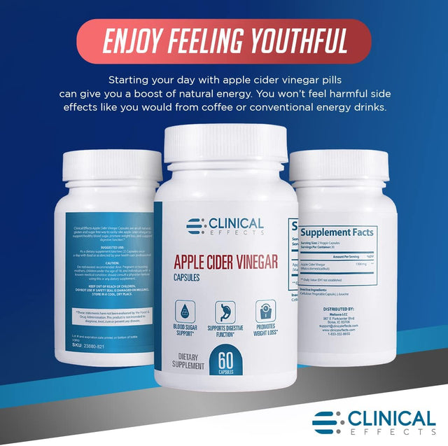 Clinical Effects Apple Cider Vinegar Capsules - 1300Mg Pure Apple Cider Vinegar for Weight Management, Heart Health, and Energy Support - 60 Veggie ACV Pills - Made in the USA