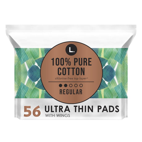 L. Ultra Thin Pads, Regular Absorbency, 56 Ct, 100% Pure Cotton Top Layer
