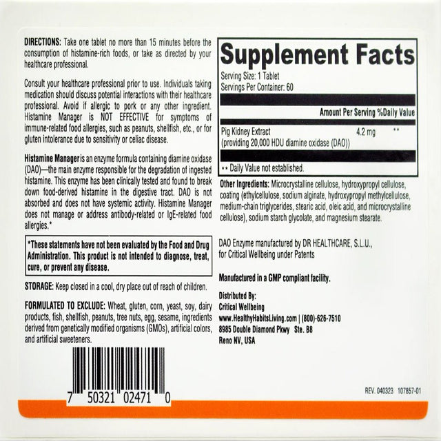 Healthy Habits Living Histamine Manager 60 Tablets 20,000 HDU Digestive Enzyme Supplement