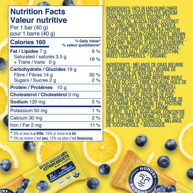 HUNGRY BUDDHA Bars - Plant Based Protein Bars - Vegan Nutrition Bars - Low Sugar Healthy Snacks - Gluten Free Snack Bars - Peanut Free - Protein Bar - Keto Bar - 12 Count - [Lemon Blueberry]