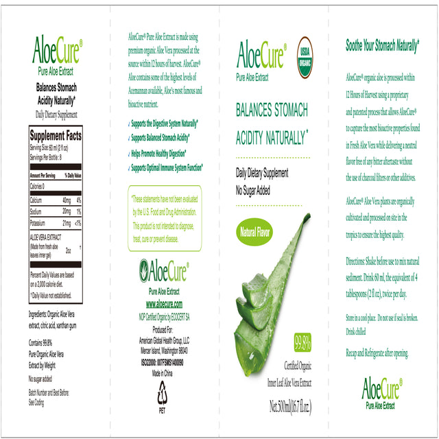Aloecure Pure Aloe Vera Juice USDA Certified Organic, Natural Flavor Acid Buffer, 2X500Ml Bottle, Processed within 12 Hours of Harvest to Maximize Nutrients, No Charcoal Filtering-Inner Leaf