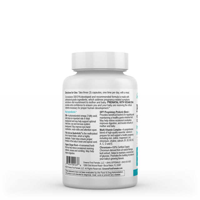 Greens First Female Prenatal Vitamin with Vegan DHA - Pregnancy Multivitamin Supplement - Supports Healthy Fetal Development - Natural Ingredients - with Ginger - 90 Capsules