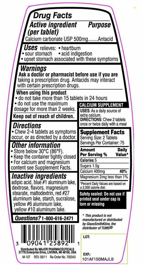 Major Calcium Antacid Chewable Assorted Fruit Flavor Tablets, Regular Strength, 150 per Bottle Pack of 5