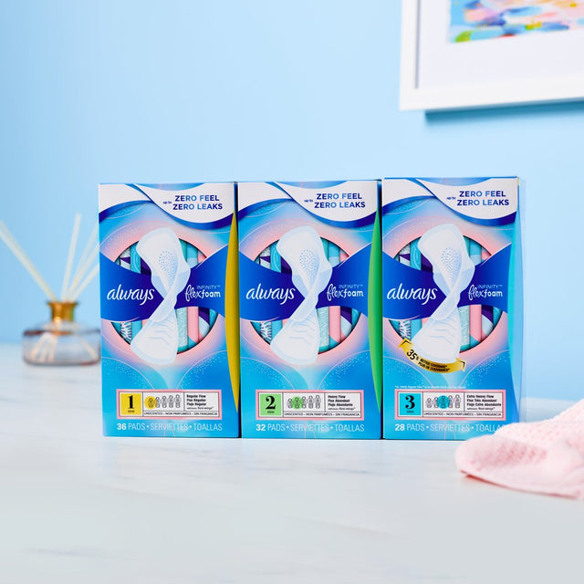 Always Infinity Feminine Pads with Wings, Size 3, Extra Heavy Absorbency, Unscented, 28 Ct