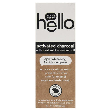 Hello Activated Charcoal Fluoride Whitening Toothpaste, with Fresh Mint and Coconut Oil, Vegan & SLS Free