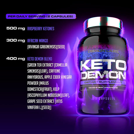 Keto Demon – Hardcore Keto Pills – Use with the Keto Diet – Packed with Raspberry Ketones, Apple Cider Vinegar, Green Tea and More for Ketosis Support - Keto Diet Supplement (120 Capsules)