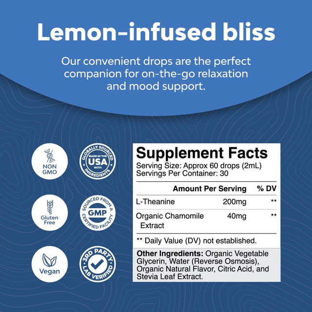 High Absorption L-Theanine Liquid Drops - Nootropic Focus Supplement with L-Theanine 200Mg per Serving and Chamomile Extract - L Theanine Supplement for Adults and Kids Relaxation and Focus Vegan 60Ml