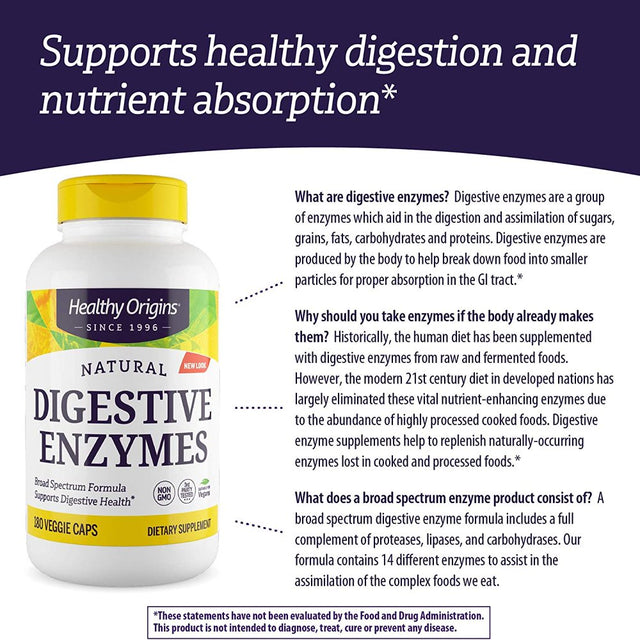 Healthy Origins - Natural Broad Spectrum Digestive Enzymes - 180 Vegetarian Capsules