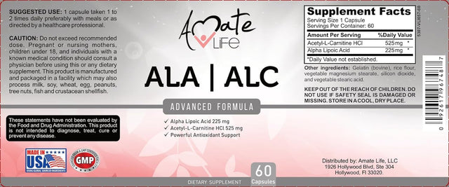 ALA/ALC High Potency Formula- Best Alpha Lipoic Acid and Acetyl-L-Carnitine Hcl Dietary Supplement- Antioxidant Support- Energy Boost- for Men and Women 60 Capsules
