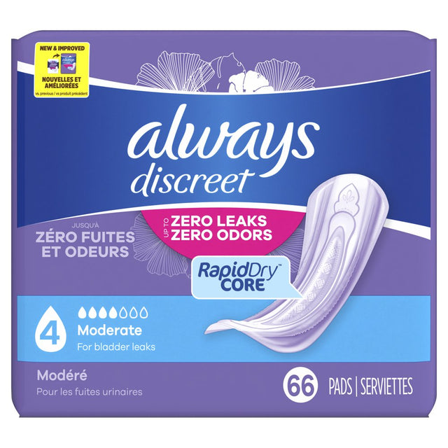 Always Discreet Incontinence Pads, Moderate Absorbency, Regular Length, 66 CT