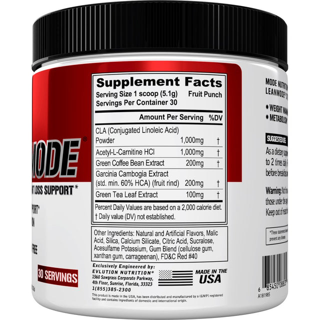 L-Carnitine, CLA, Garcinia Cambogia, Green Coffee Bean & Green Tea Fat Burner Supplement - EVL Lean Mode Weight Loss Support Diet Supplement 30 Servings (Fruit Punch)
