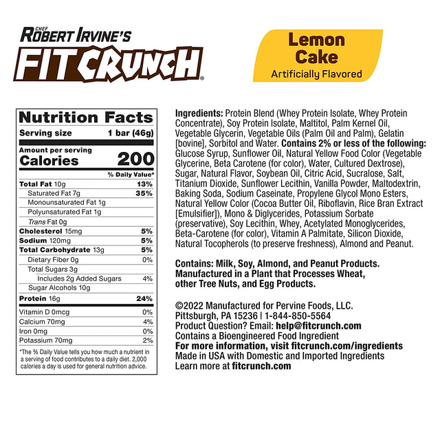 FITCRUNCH Snack Size Protein Bars, Designed by Robert Irvine, 6-Layer Baked Bar, 3G of Sugar & Soft Cake Core (9 Bars, Lemon Cake)