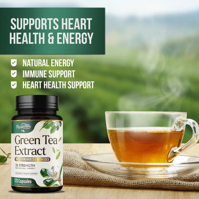 Puretea Green Tea Extract Pills 1000Mg with EGCG - 98% Standardized Polyphenols - 3X Absorption Green Tea Capsules for Natural Energy - Heart Support with Antioxidants, Gentle Caffeine - 120 Capsules
