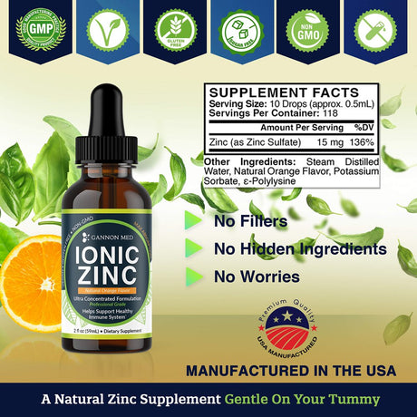 Ionic Liquid Zinc Organic Supplement Drops - Pure Zinc Liquid Sulfate 15Mg - 115+ Day Supply - Gentle on Stomach - Natural Zinc Absorption - Easy to Take Adult & Kids Serving Size - Vegan - USA