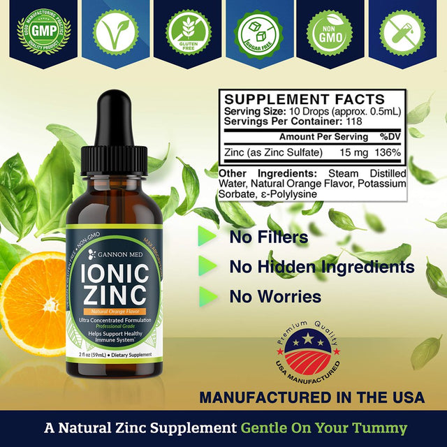 Ionic Liquid Zinc Organic Supplement Drops - Pure Zinc Liquid Sulfate 15Mg - 115+ Day Supply - Gentle on Stomach - Natural Zinc Absorption - Easy to Take Adult & Kids Serving Size - Vegan - USA