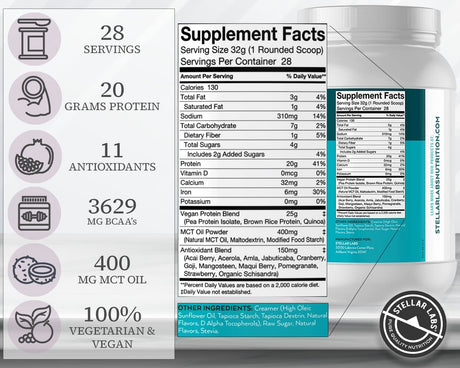 Stellar Labs Vegan Protein Powder with Bcaa'S & Antioxidants | Certified Low FODMAP, Non GMO, Gluten Free, Soy Free, Low Carb, with Stevia | Lean Plant Based Protein Powder Shakes | Vanilla