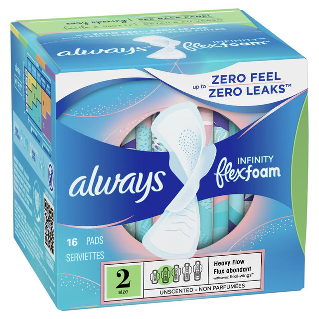 Always Infinity Feminine Pads with Wings, Size 2, Heavy Absorbency, Unscented, 16 Ct