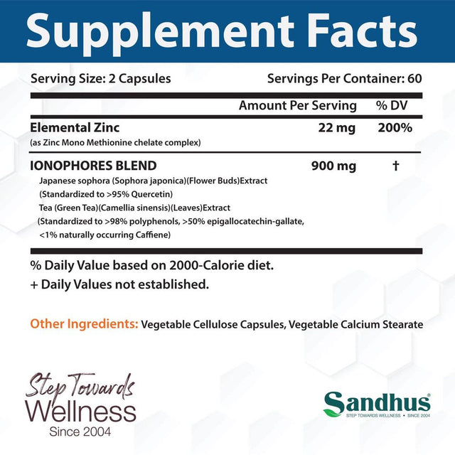 Sandhu'S Bioznq, 900Mg of Quercetin & Green Tea Extract with 22Mg of Zinc, Immune Support, 120 Ct