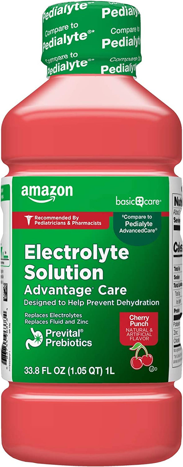 Amazon Basic Care Electrolyte Solution Advantage Care with Prevital Prebiotics, Cherry Punch, Designed to Help Prevent Dehydration, Replaces Electrolytes, Fluid and Zinc, 33.8 Fluid Ounces